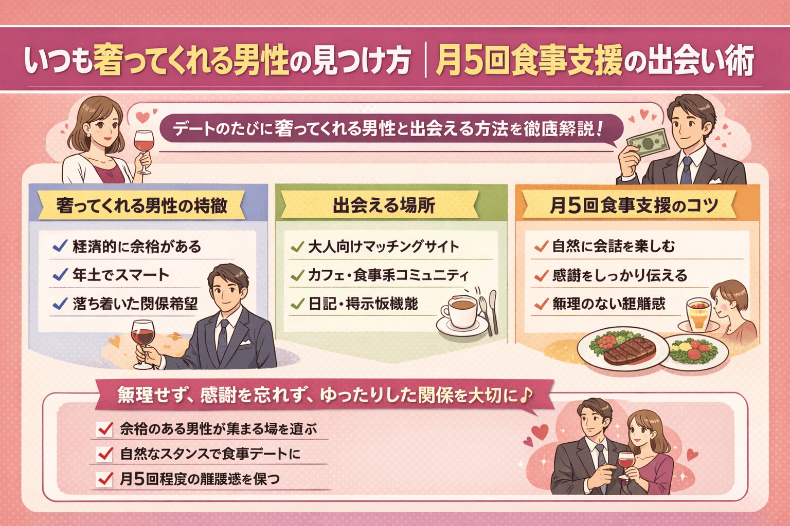 いつも奢ってくれる男性の見つけ方｜月5回食事支援の出会い術